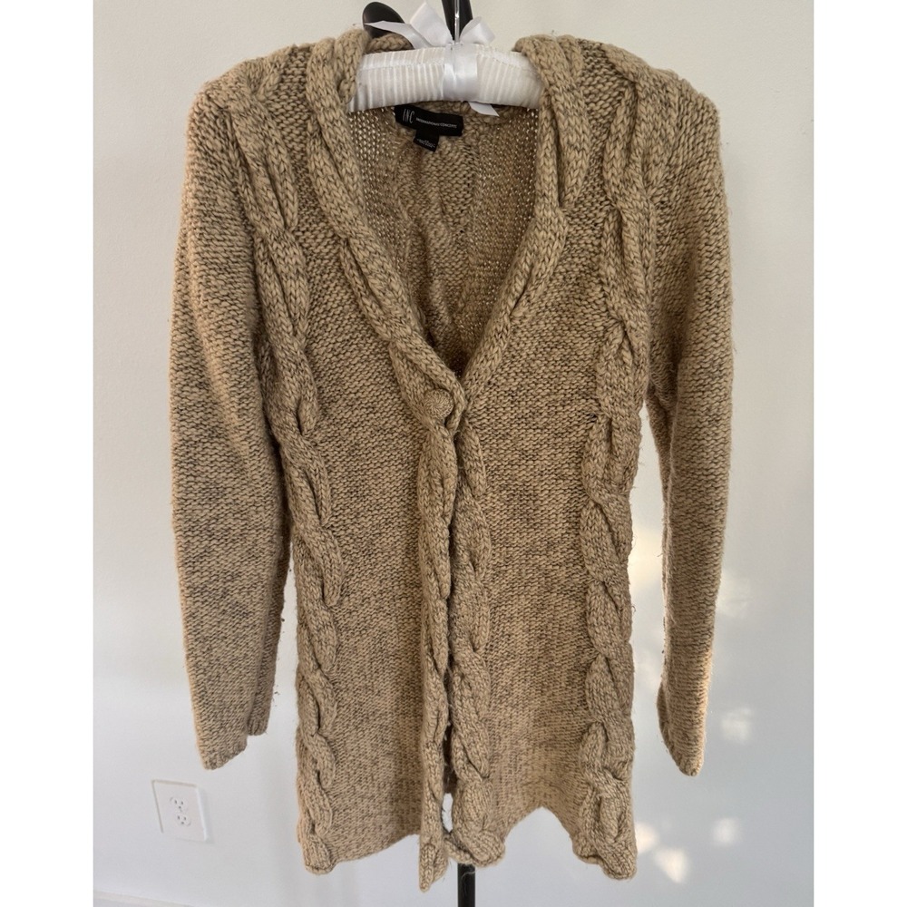 INC Chunky Knit Cardigan Sweater Wool Blend Sz M Oatmeal One Button Front